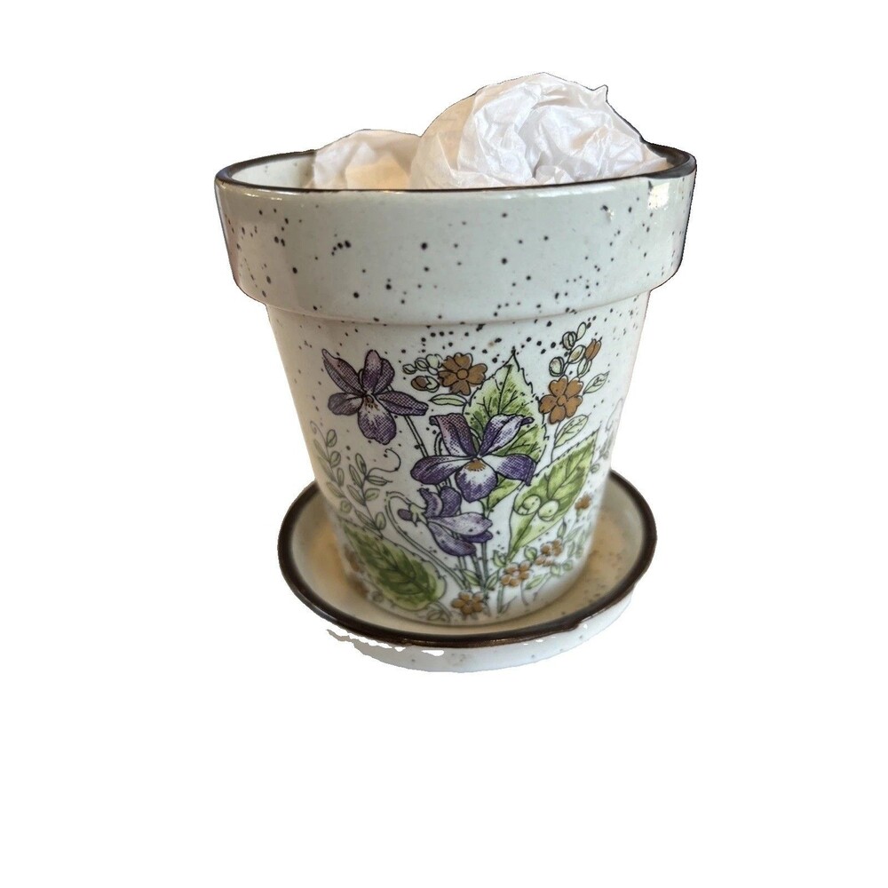 Vintage Stoneware Flower Pot Attached Saucer White Brown Speckled Japan New